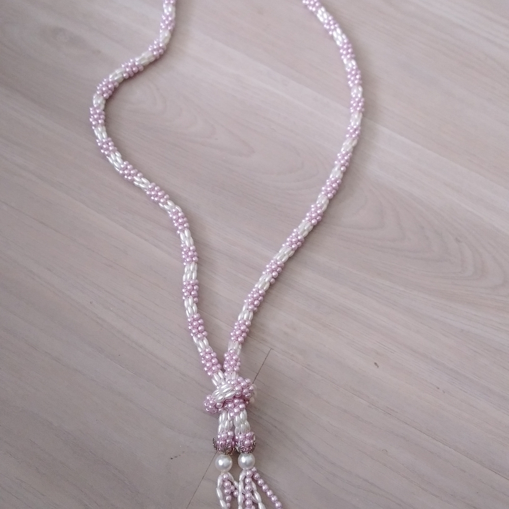 Vintage Necklace Long Pink and White Braided Beaded Jewelry Adjustable